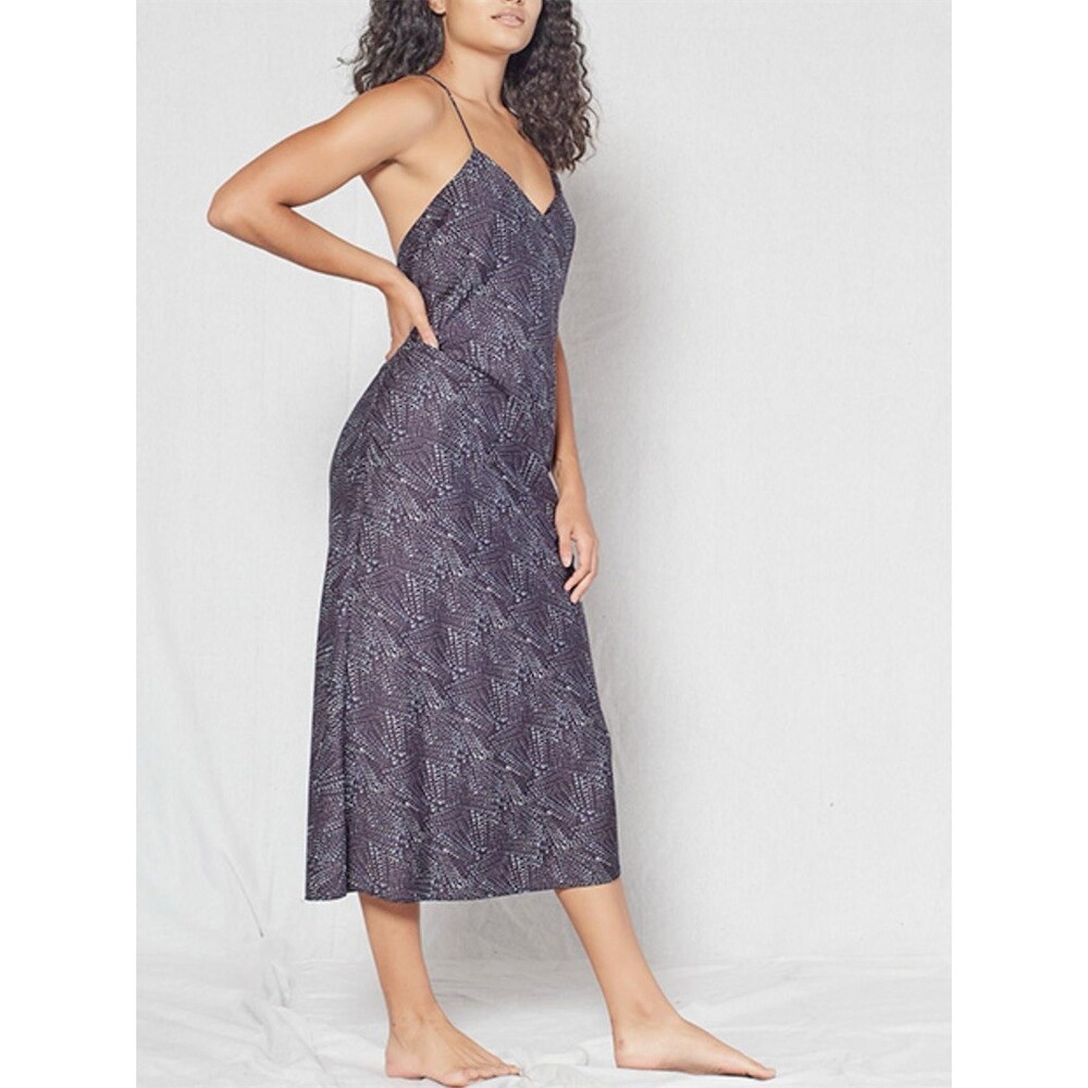 Outerknown Aura Slip Dress Womens Midnight Star Print Midi V-Neckline Low Back